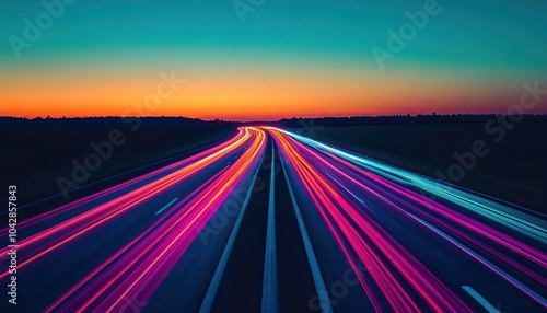 Vibrant light trails on a highway at sunset, creating a dynamic and colorful scene.