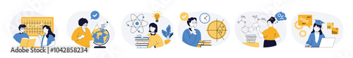 Education concept set with characters in flat design for web. People studying in class, answering by blackboard, getting knowledges, solving math problems and learning science. Vector illustrations.