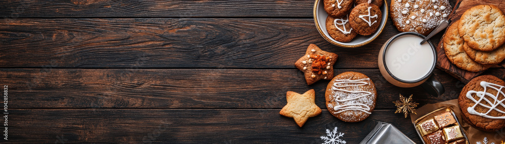 Fototapeta premium A delightful assortment of cookies and milk arranged on a wooden surface, perfect for a cozy snack or holiday treat.
