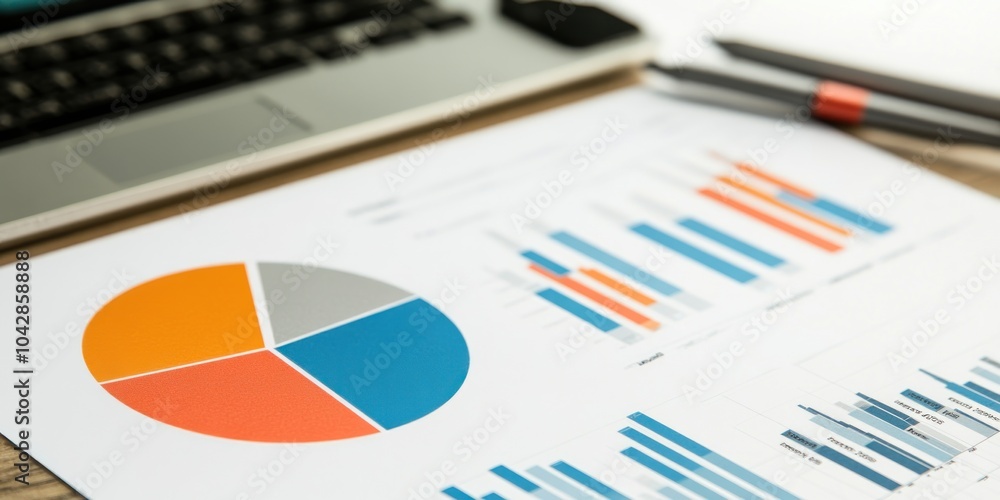 A close-up of a report featuring charts and graphs alongside a laptop and pens. A close-up of a report featuring charts and graphs alongside a laptop and pens.