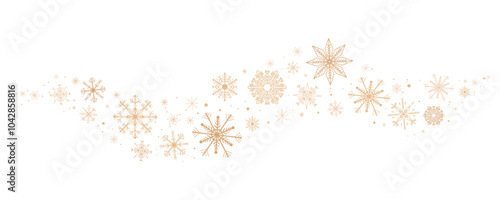 Gold snowflake wave border, winter holiday garland, falling golden snow and stars decoration isolated on white background. Template with a Christmas elements