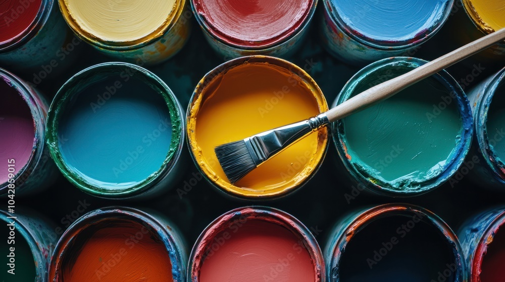 A variety of open paint cans showing vibrant colors, with a brush dipped in one can, hinting at a fresh home painting project. A variety of open paint cans showing vibrant colors, with a brush dipped in one can, hinting at a fresh home painting project.
