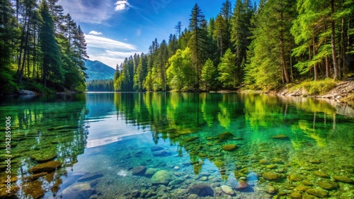 Extreme close-up forest by lake shore crystal clear water