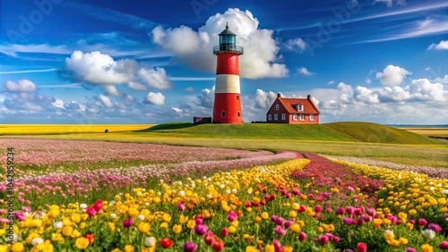 Lighthouse on former island Schokland surrounded by colorful flowers in forced perspective photo