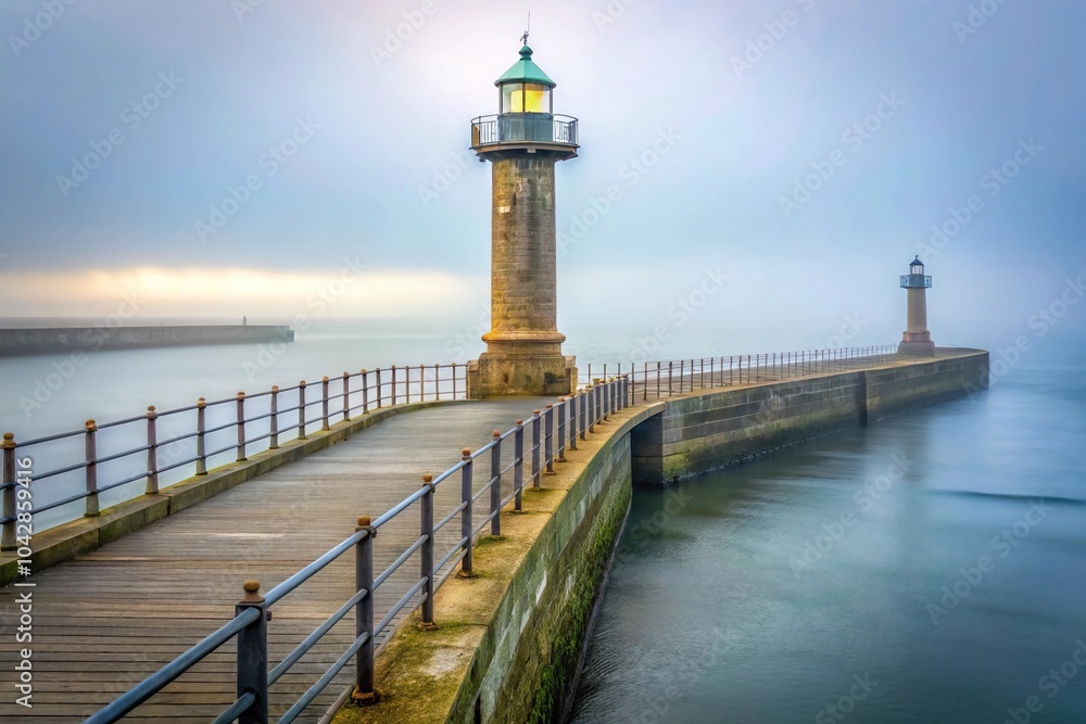 Lighthouse on pier with foggy sky in Whitby North Yorkshire, long shot Lighthouse on pier with foggy sky in Whitby North Yorkshire, long shot