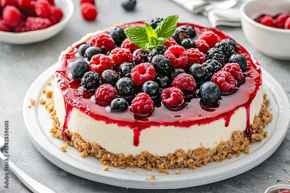 Cheesecake Topped with Raspberries, Blueberries, and Blackberries Cheesecake Topped with Raspberries, Blueberries, and Blackberries