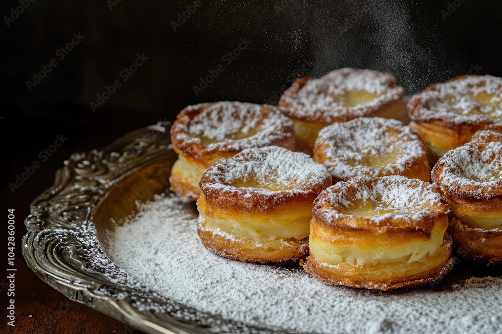 Golden Custard-Filled Pastries Dusted with Powdered Sugar Golden Custard-Filled Pastries Dusted with Powdered Sugar