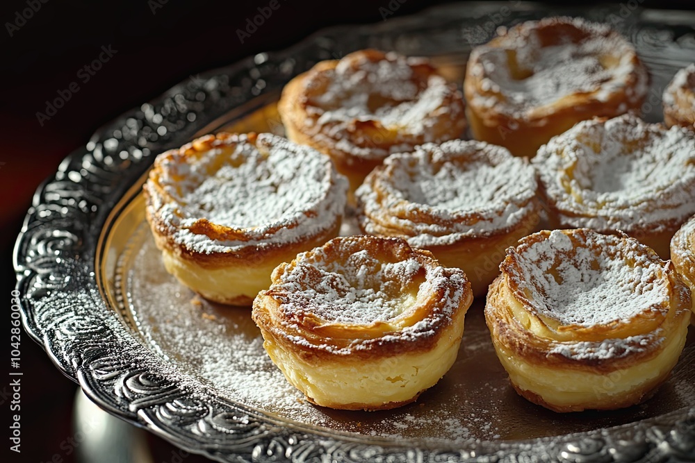 Close-up of Custard Tarts with Powdered Sugar on a Silver Plate Close-up of Custard Tarts with Powdered Sugar on a Silver Plate