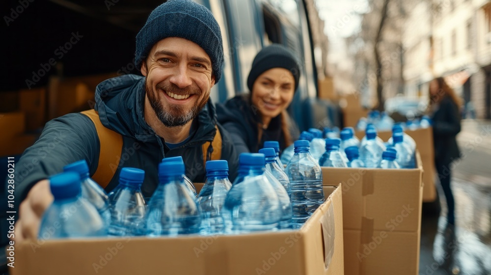 A man and woman are smiling and holding a box of water bottles A man and woman are smiling and holding a box of water bottles