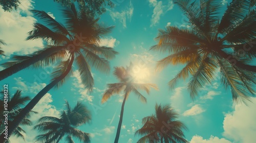 Palm trees silhouetted against bright sun and blue sky, tropical paradise atmosphere photo