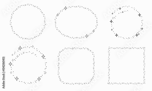 Shining frames with sparkle stars vector set. Square, circle, oval glow shapes of festive glitter. White background.