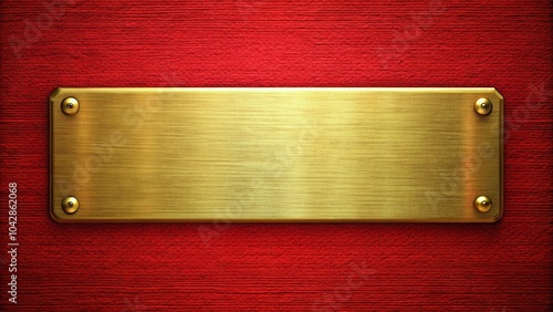 Extreme close-up of red textured surface with gold name plate and trim