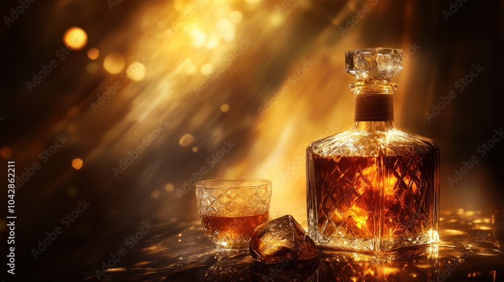 A premium brandy bottle with a glass of brandy on the rocks, illuminated by golden lighting, perfect for highlighting the richness of the drink. A premium brandy bottle with a glass of brandy on the rocks, illuminated by golden lighting, perfect for highlighting the richness of the drink.