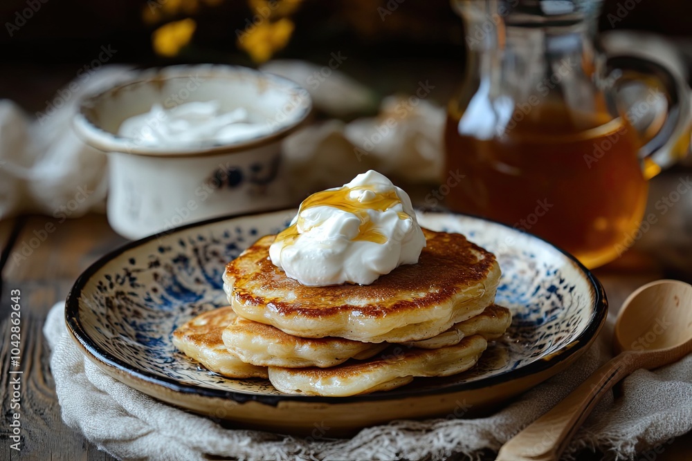 Stack of Golden Brown Pancakes Topped with Whipped Cream and Honey Stack of Golden Brown Pancakes Topped with Whipped Cream and Honey