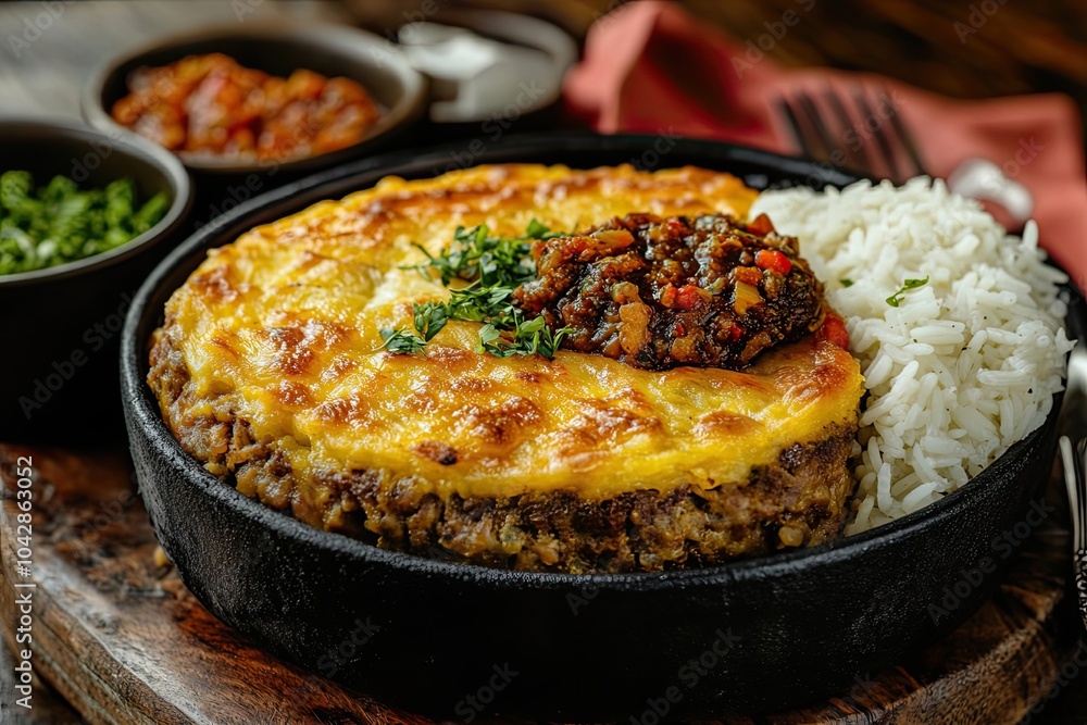 Cheesy Meatloaf with Rice and Topped with Savory Sauce in a Cast Iron Dish Cheesy Meatloaf with Rice and Topped with Savory Sauce in a Cast Iron Dish