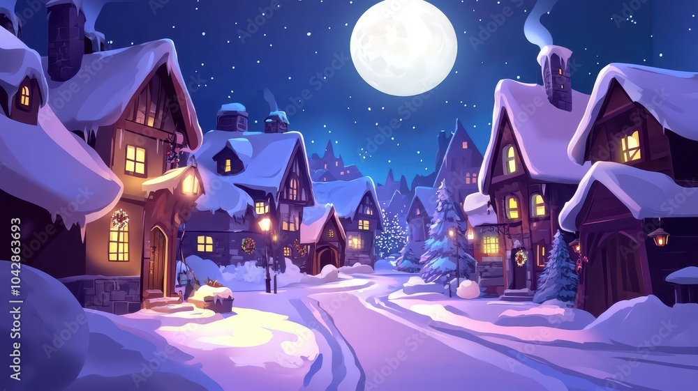 Fototapeta premium A Serene snowy village at night with warmly lit houses with full moon,charming winter scene with a festive feel,winter,Merry christmas holiday,New year and xmas celebration,Vector illustration.