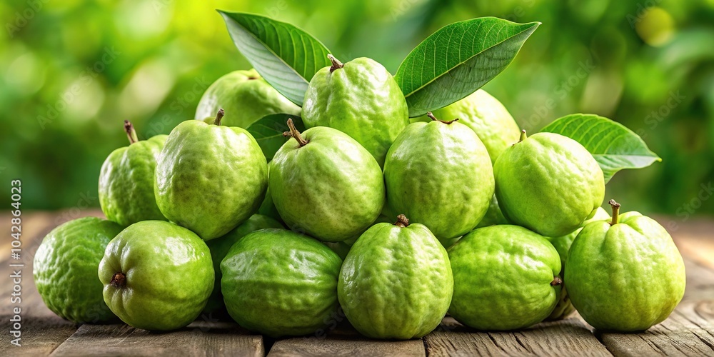 Extreme close-up view of a pile of fresh green guavas with green leaves scattered in the background Extreme close-up view of a pile of fresh green guavas with green leaves scattered in the background