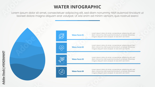 water infographic theme concept for slide presentation with big waterdrop slice and square box and bottom line accessories with 4 point list with flat style