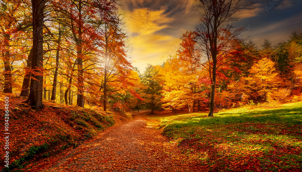 Obraz premium Gorgeous, bright and beautiful autumn landscape in the forest with a path