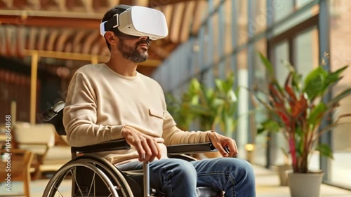 A man in a wheelchair is using a VR headset in a modern indoor setting with natural light streaming in