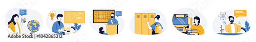 School learning concept set with characters in flat design for web. People studying languages and sciences at lessons, solving math problems, getting new cognitions and skills. Vector illustrations.