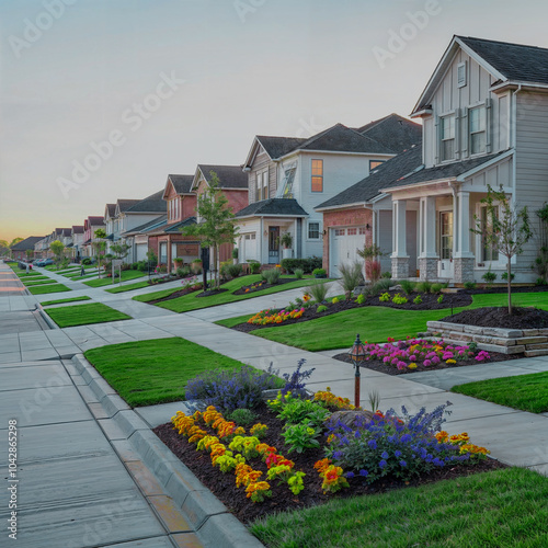 Suburban American neighborhood street with row of brand new two story residential houses in Humble, Texas, US. Newly constructed, freshly built modern home with landscaped yard.
