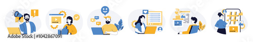 Social media concept set with characters in flat design for web. People promoting blog with marketing tools, watching live broadcasting and videos, attracting new followers. Vector illustrations.