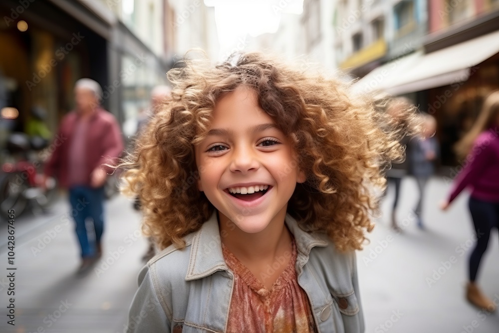 Portrait of a cute little girl with curly hair in the city Portrait of a cute little girl with curly hair in the city