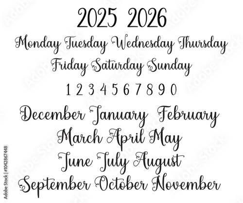 2025 calendar template, Handwritten months names vector set: December, January, February, March, April, May, June, July, August, September, October, November. Template for calendars and organizers. 