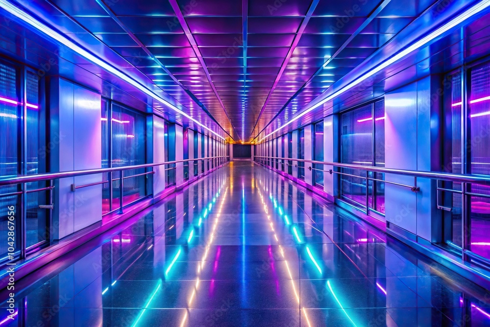 Fototapeta premium Long empty hallway with neon lights, handrails, and light reflection on waxed floor surface