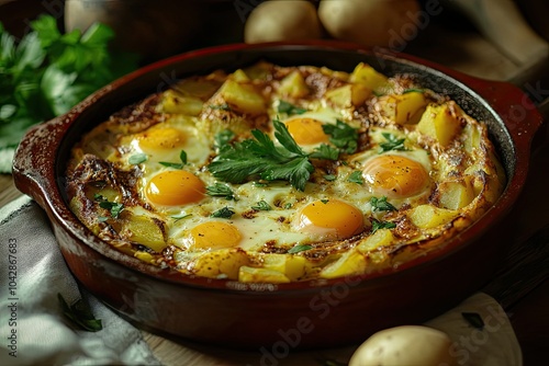 A Rustic Baked Dish with Eggs, Potatoes, and Parsley