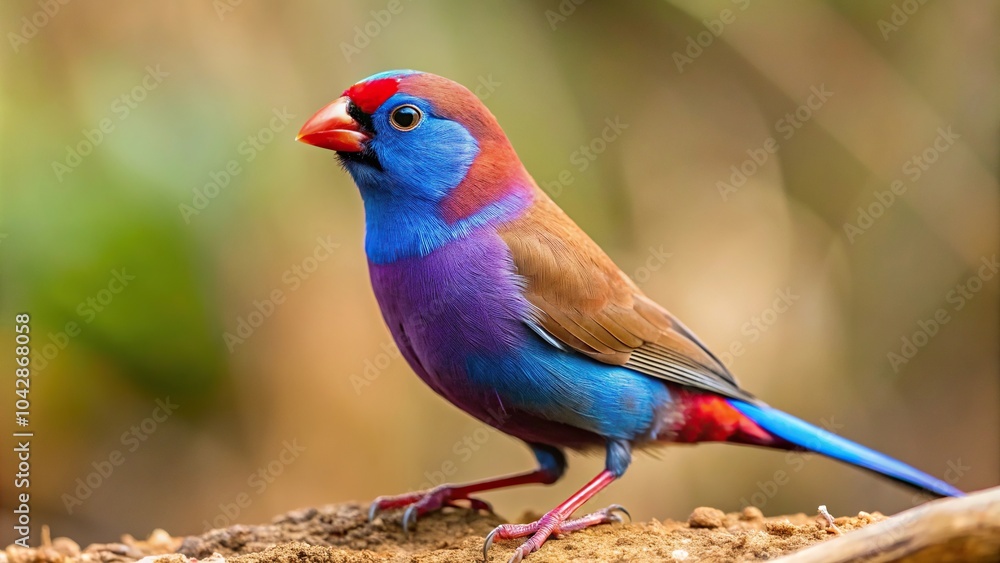 Fototapeta premium Colorful Granatina granatina Violet eared Waxbill Cordonbleu grenadin from a low angle view