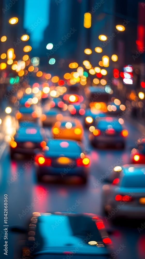 Vibrant Traffic Bokeh in Bustling City Night Scene with Illuminated Cars and Blurred Lights Vibrant Traffic Bokeh in Bustling City Night Scene with Illuminated Cars and Blurred Lights