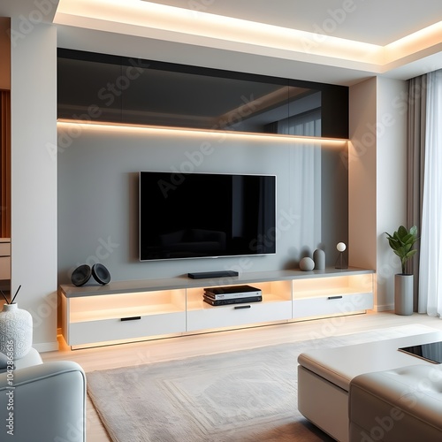 tv unit in room, innovative living space with smart home integration photo