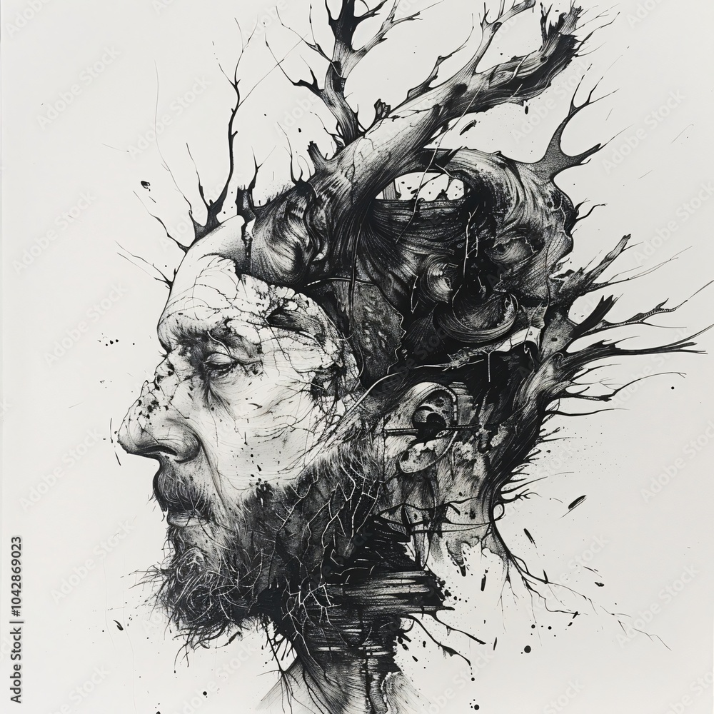 Surreal Portrait - Expressive Ink Drawing of a Man Surreal Portrait - Expressive Ink Drawing of a Man