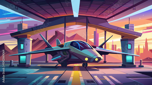 A futuristic aircraft at an electric charging station inside a modern hangar during dusk, highlighting the shift towards sustainable aviation .