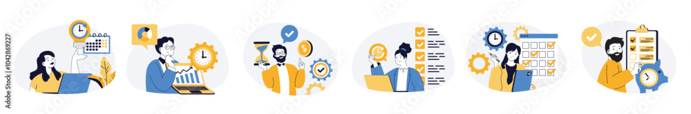 Time management concept set with characters in flat design for web. People organizing productivity workflow, planning job with tasks schedule, controlling time to deadline. Vector illustrations. Time management concept set with characters in flat design for web. People organizing productivity workflow, planning job with tasks schedule, controlling time to deadline. Vector illustrations.