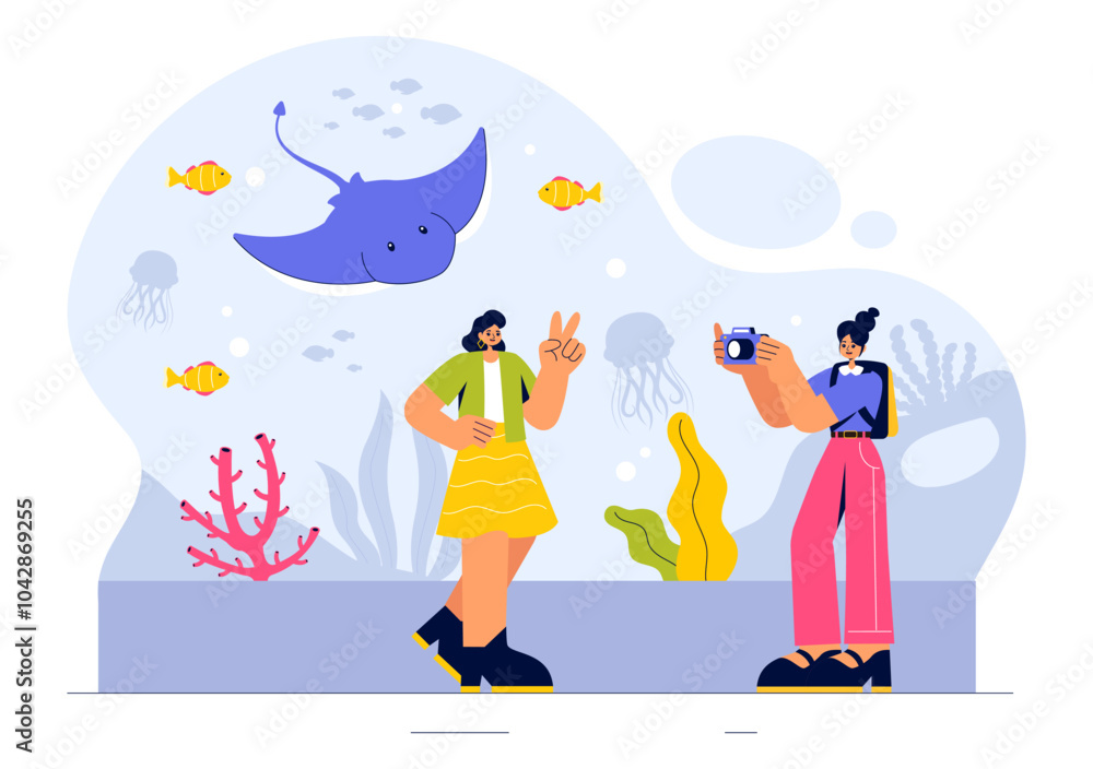 Aquarium Vector Illustration featuring an Underwater Scene with Fish Observation, Sea Animals, and Various Marine Flora and Fauna in a Background Aquarium Vector Illustration featuring an Underwater Scene with Fish Observation, Sea Animals, and Various Marine Flora and Fauna in a Background