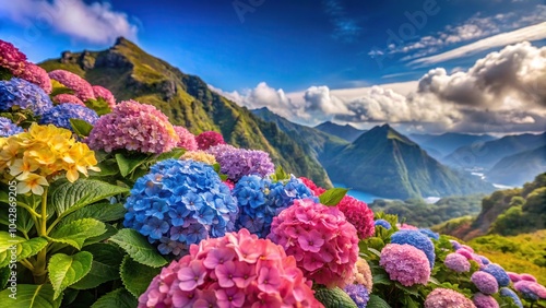 Fototapeta Naklejka Na Ścianę i Meble -  Colorful hydrangeas flowers on background of blue sky ocean mountains in Madeira island Depth of Field