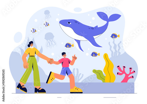 Aquarium Vector Illustration featuring an Underwater Scene with Fish Observation, Sea Animals, and Various Marine Flora and Fauna in a Background