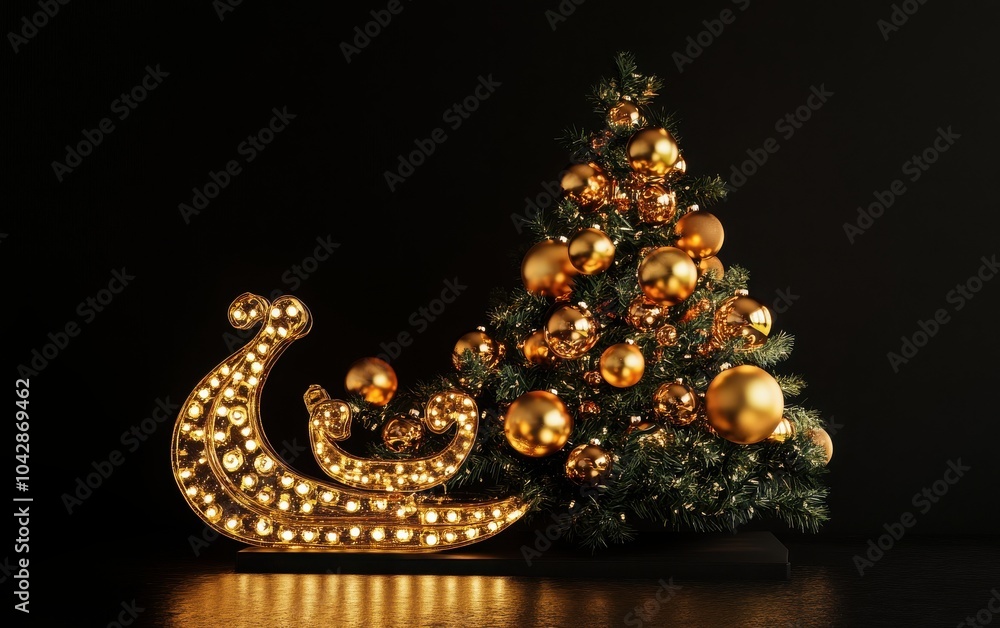 Naklejka premium An eye-catching 3D rendering of shimmering golden sleigh-shaped lights and vibrant festive ornaments on a tree, isolated on a black background