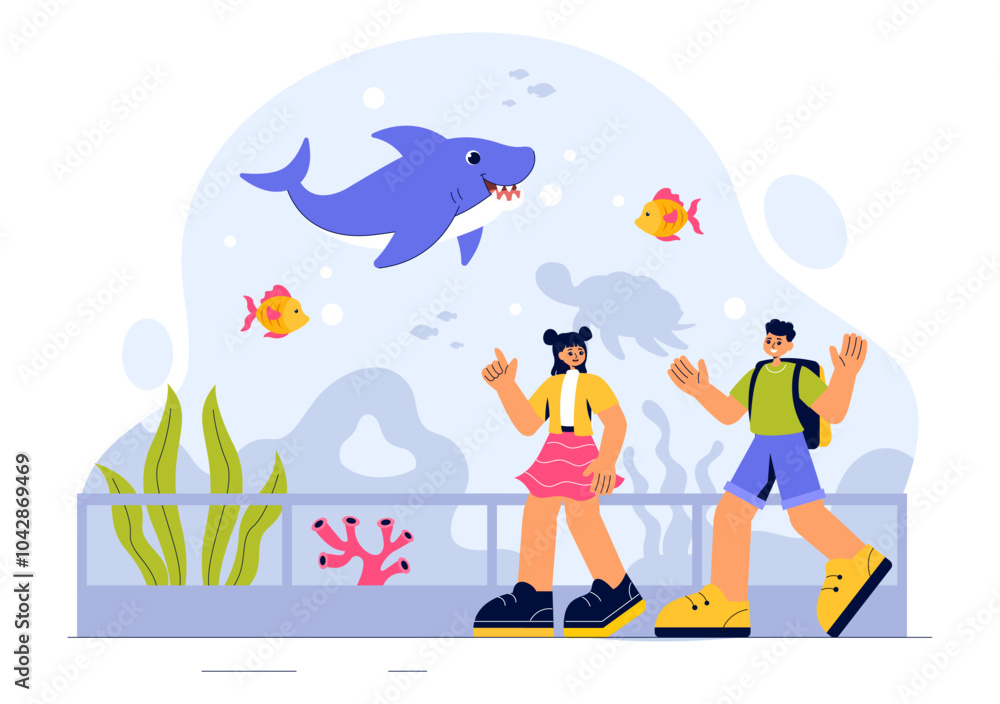 Aquarium Vector Illustration featuring an Underwater Scene with Fish Observation, Sea Animals, and Various Marine Flora and Fauna in a Background Aquarium Vector Illustration featuring an Underwater Scene with Fish Observation, Sea Animals, and Various Marine Flora and Fauna in a Background