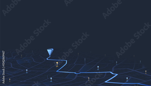 Route on the map to pin. City street map with various points of interest. GPS tracking system to navigate and find way around the city landmarks, directions to different locations. Vector illustration