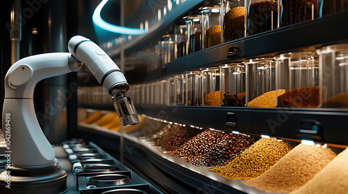 futuristic spice lab features robotic arms mixing various spices in sleek, modern environment. vibrant colors and organized layout create innovative atmosphere