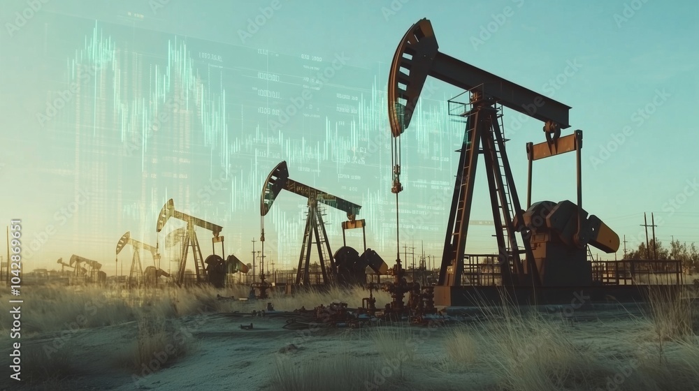 Oil pumps with digital stock market overlay, showcasing energy industry trends Oil pumps with digital stock market overlay, showcasing energy industry trends