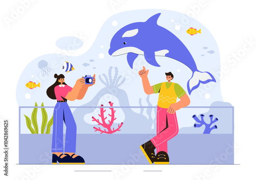 Aquarium Vector Illustration featuring an Underwater Scene with Fish Observation, Sea Animals, and Various Marine Flora and Fauna in a Background