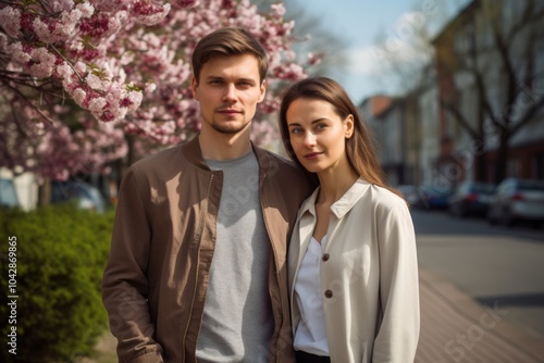 A man and a woman are standing in front of a tree with pink flowers