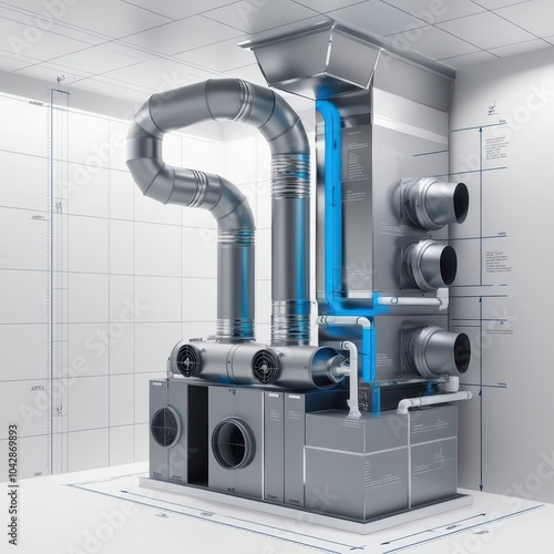 3D illustration blueprint of an Modern architectural ventilation system animation design 