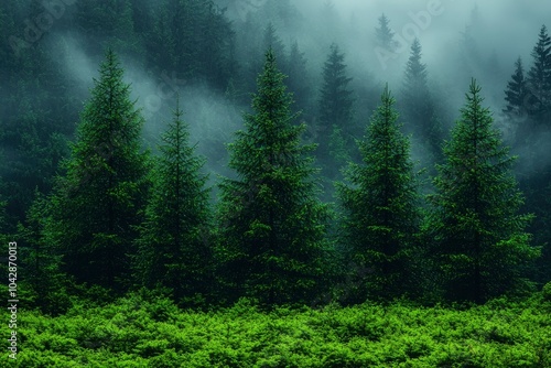 Tall Pine Trees in a Foggy Forest