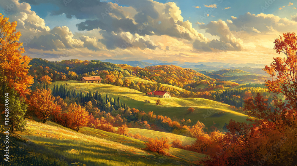 Obraz premium A beautiful panorama of rolling hills painted in autumn colors, inviting viewers to immerse in nature’s beauty.
